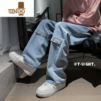 YANXU直筒牛仔裤男宽松潮牌ins日系复古高街港风拖地坠感哈伦裤子