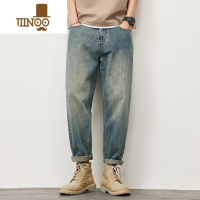 YANXU美式牛仔裤男士秋季潮牌复古宽松阔腿2023新款直筒九分锥形长裤子