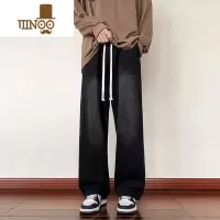 YANXU美式复古牛仔裤男水洗黑色阔腿长裤潮牌高街宽松直筒拖地裤子