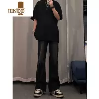 YANXU黑色弹力微喇牛仔裤男复古夏季美式高街潮牌vibe裤子痞帅直筒长裤