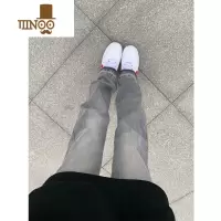 YANXU美式复古cleanfit裤子高街夏季潮牌烟灰色牛仔裤男修身直筒微喇裤