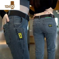 YANXU夏季直筒弹力牛仔裤男修身百搭中腰男裤灰色水洗工装休闲长裤