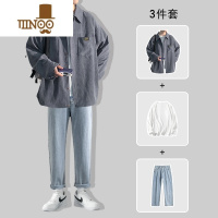 YANXU痞帅衬衫男士三件套潮牌灯芯绒大码男装一套搭配帅气衬衣套装