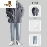YANXU痞帅衬衫男士三件套潮牌灯芯绒大码男装一套搭配帅气衬衣套装