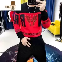 YANXU卫衣男2023新款ins潮流拼色上衣个性加绒修身时尚圆领打底衫