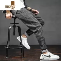 YANXU男装牛仔裤男士潮牌修身小脚夏季哈伦宽松2023新款九分长裤子