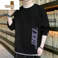 YANXU大码华夫格休闲上衣长袖T恤男士圆领宽松运动男百搭打底衫潮