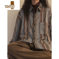 YANXU2023新款日系复古宽松长袖条纹衬衫男女情侣设计感休闲衬衣潮