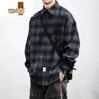 YANXU复古磨毛格子衬衫男青年工装长袖潮牌宽松毛呢衬衣休闲外套潮