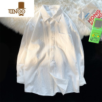 YANXU白色亚麻衬衫男士长袖休闲翻领宽松青年日系透气棉麻布衬衣寸男潮