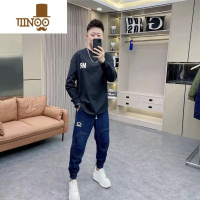 YANXU男女同款圆弧开叉长袖T恤卫衣休闲宽松印花百搭潮圆领打底衫