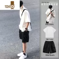 YANXU阳光干净男生酷帅穿搭套装感痞帅男装三件套夏季日系短袖衬衫