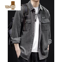 YANXU复古工装衬衫男士韩版宽松灯芯绒外套休闲时尚灰色长袖衬衣