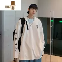YANXU秋季长袖t恤男潮牌ins字母印花加厚打底衫宽松圆领设计感加绒上衣