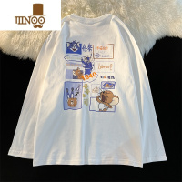 YANXU卡通印花长袖t恤男ins港风宽松百搭圆领上衣潮牌休闲打底衫