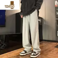 YANXU灰色华夫格垂感裤子男款秋季潮牌青少年百搭休闲裤宽松直筒运动裤