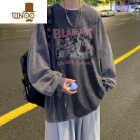 YANXU长袖T恤高街ins潮牌水洗做旧美式复古印花无帽卫衣男宽松薄款上衣