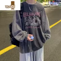 YANXU长袖T恤高街ins潮牌水洗做旧美式复古印花无帽卫衣男宽松薄款上衣