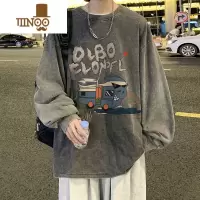 YANXU水洗做旧复古长袖t恤男秋季美式圆领衣服打底设计感小众上衣卫衣
