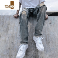 YANXU美式复古做旧破洞牛仔裤男士宽松直筒夏季高街ins潮牌休闲长裤子