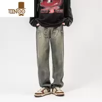 YANXU牛仔裤男款秋季欧美高街vibe水洗做旧小众设计感直筒宽松休闲长裤