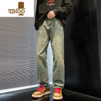 YANXU美式高街泼墨刺绣牛仔裤男vibe潮牌水洗做旧直筒宽松长裤子hiphop