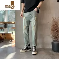 YANXU水洗复古牛仔裤男款潮牌直筒修身休闲九分裤春季炸街痞帅破洞裤子