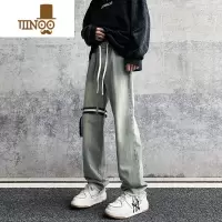 YANXU美式复古水洗做旧牛仔裤男士夏季薄款潮牌高街痞帅直筒毛边长裤子