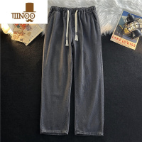 YANXU日系抽绳浅色松紧腰牛仔裤男生宽松直筒潮流阔腿休闲拖地长裤子