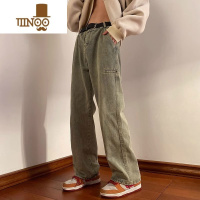 YANXU黄泥色牛仔裤男日系水洗做旧潮牌美式高街百搭宽松直筒休闲长裤子