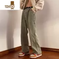 YANXU黄泥色牛仔裤男日系水洗做旧潮牌美式高街百搭宽松直筒休闲长裤子