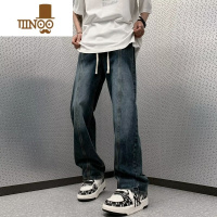 YANXU美式街头水洗做旧抽绳松紧腰牛仔裤男女宽松显瘦百搭直筒休闲长裤