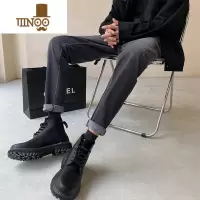 YANXU搭配马丁靴的裤子男深灰色卷边直筒牛仔裤修身小脚工装烟管裤