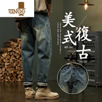 YANXU秋季复古牛仔裤男士潮牌2023新款美式大码男装宽松直筒长裤子
