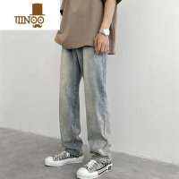 YANXU浅色弹力牛仔裤男生夏季新款黄泥色做旧裤子美式高街宽松直筒长裤