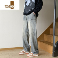 YANXU美式潮牌黄泥染牛仔裤男直筒宽松休闲长裤复古做旧垂感阔腿裤