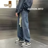 YANXU抽绳牛仔裤男士宽松直筒阔腿高街复古潮牌美式夏季新款百搭长裤子