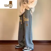 YANXU高街美式发泡字母牛仔裤男新款街头hiphop宽松直筒阔腿长裤子