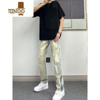 YANXU夏季破洞牛仔裤男网红美式高街侧开拉链水洗做旧修身潮牌直筒长裤