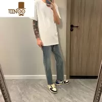 YANXU美式高街直筒毛边潮牌牛仔裤男韩版学生休闲小脚做旧修身长裤潮男