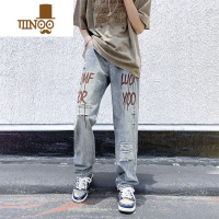 YANXU美式高街破洞印花牛仔裤男宽松直筒夏季青少年痞帅潮牌hiphop裤子