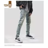 YANXUEXIT高街风洗水做旧手工泼墨修身小脚牛仔裤国潮显瘦弹力长裤男女