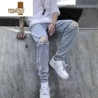 YANXU破洞牛仔裤男宽松直筒夏季薄款美式高街ins潮牌浅蓝色休闲长裤子