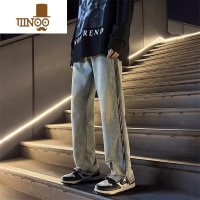 YANXU美式高街vibe牛仔裤男春季潮牌复古宽松直筒水洗做旧拉链开衩长裤