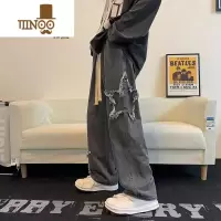 YANXU水洗高街星星牛仔裤男款美式复古潮牌裤子宽松直筒阔腿休闲