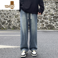 YANXU水洗牛仔裤男2023秋季复古做旧宽松蓝色直筒裤潮牌痞帅长裤青少年