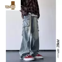 YANXU美式复古破洞工装牛仔裤男秋季新款宽松直筒阔腿裤子高街潮牌嘻哈