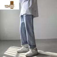 YANXU松紧腰牛仔裤男系绳9分直筒宽松韩版潮流百搭ins港风大码九分裤子