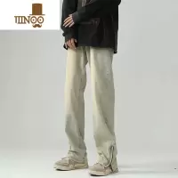 YANXU美式复古黄泥染水洗牛仔裤男高街vibe裤子直筒修身开叉拉链微喇裤