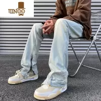 YANXU牛仔裤男秋季新款宽松大码直筒百搭个性潮牌拉链学生美式高街帅痞